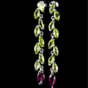 Unheated Marquis Rhodolite Garnet 8X4 mm Peridot 92.5 Sterling Silver Earrings